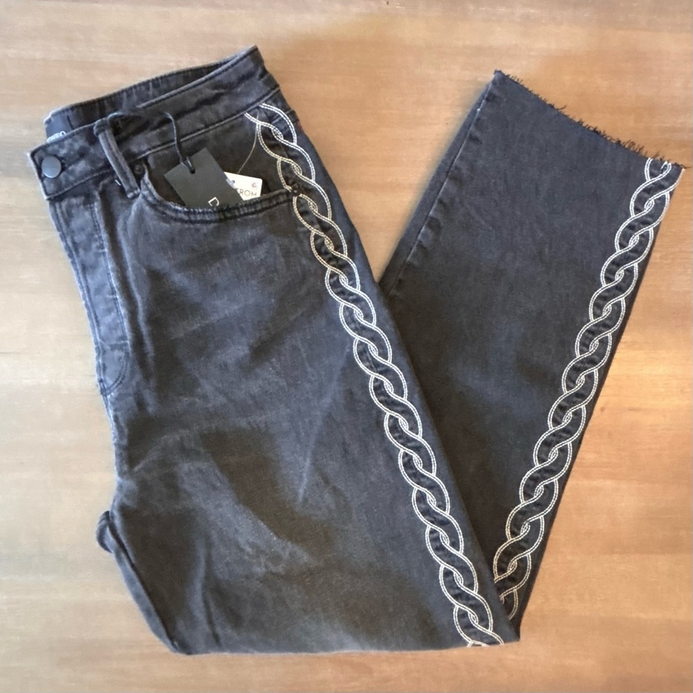 Driftwood ‘Royce’ Gray Distressed Embroidery Side Raw Hem Jeans, Sz 28x27, NWT